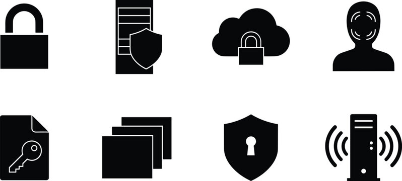 Black silhouette vector icon set featuring cybersecurity, cloud storage, biometric data protection, and secure server concepts