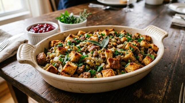 Warm and savory sausage and herb stuffing served in a rustic oval dish on a wooden table, perfect for holiday feasts.