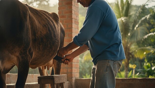 Middle aged farmer milking a mottled cow in a rustic barn during golden hour, capturing a moment of traditional rural labor