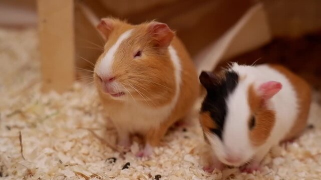 Adorable domestic guinea pigs, one ginger and one tricolor, in a cozy wooden shavings enclosure