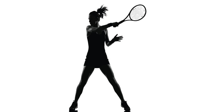 Professional female tennis player performing a powerful backhand swing motion isolated against a clean white studio background in high contrast