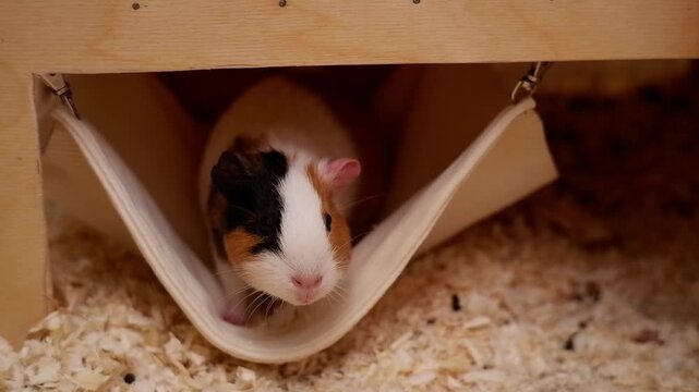 Cute guinea pig gets out of its hammock bed inside a wooden cage with sawdust bedding