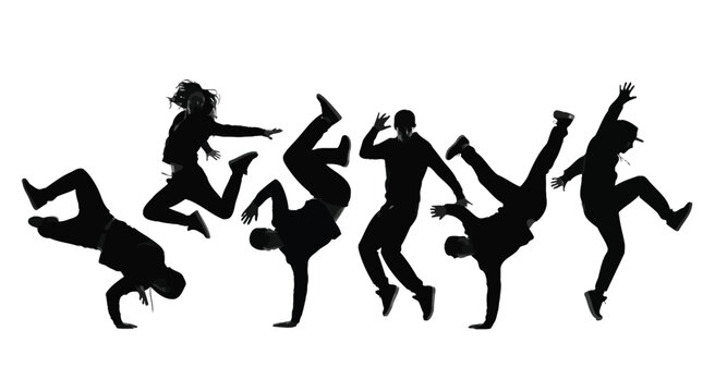 Group of energetic young hip hop dancers performing creative breakdance moves in silhouette against a bright white studio background wall