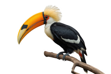 Fototapeta premium Toucan with bright yellow beak and unique crest perching on branch, exotic tropical bird with transparent background