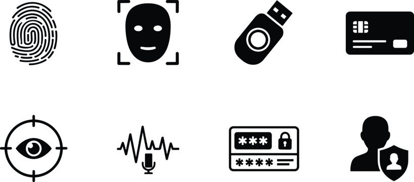 Biometric authentication and digital security black glyph icon set for personal identification and access control