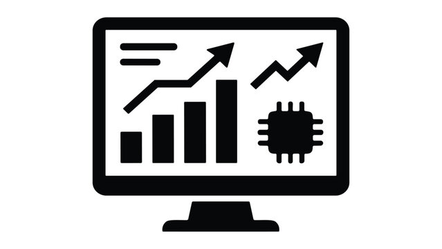 Computer screen with rising bar chart and microchip for tech business growth concept.