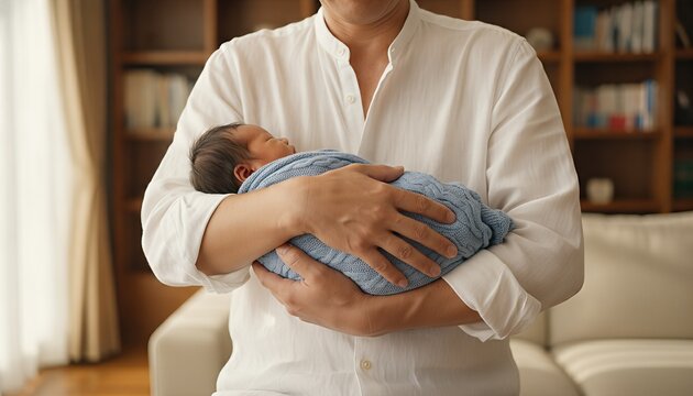 Middle aged man gently cradling a sleeping infant in a sun drenched minimalist home, conveying a quiet moment of fatherhood and domestic peace