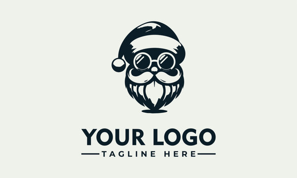 Modern Hipster Santa Claus head with glasses and groomed beard vector logo illustration