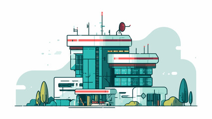 A modern communication facility with antennas stands against a light background © Bolodewe