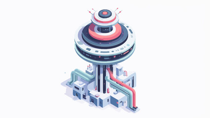 A futuristic industrial tower stands isolated against a clean white background © Bolodewe