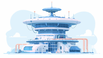 A futuristic research facility stands against a soft blue sky background © Bolodewe