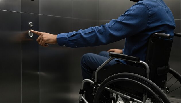Middle aged man in a modern wheelchair pressing a button inside a sleek metallic elevator with soft lighting and minimalist design