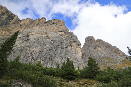 Rock face along the Dolomites Road &ndash; Strada Statale 48 delle Dolomiti, South Tyrol, Italy