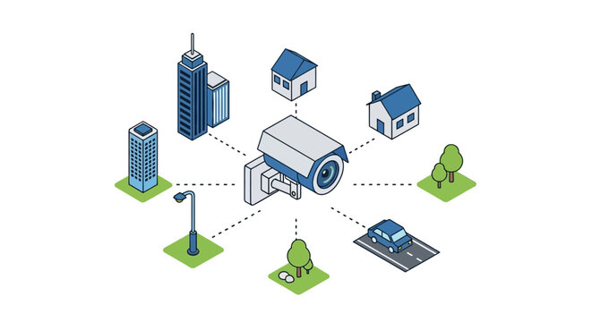 A security camera connects to various urban and suburban elements in an isometric view