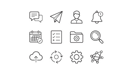 Fototapeta premium Business icons, workflow symbols, office signs, communication graphics, 12 editable vector elements