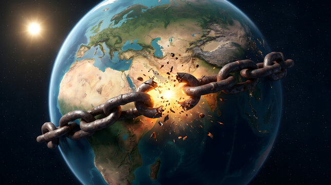Heavy Industrial Metal Chain Breaking Apart Over Exploding Planet Earth Globe Background