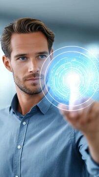 A professional man in a blue shirt uses a transparent touch screen with holographic elements, symbolizing digital transformation. The scene conveys leadership and technological advancement