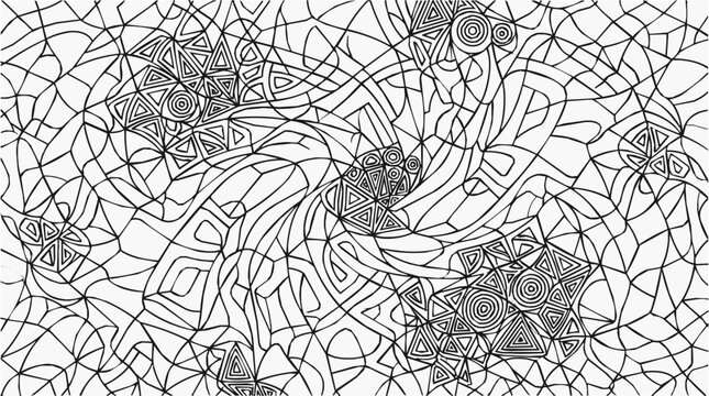 Abstract Mosaic Geometric Swirl Monochrome Pattern with Intricate Line Art for Creative Coloring Pages and Decorative Background Textures