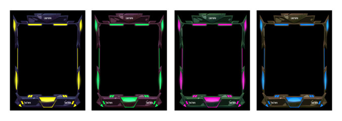 Fototapeta na wymiar Hud frames set for tech game ui design. Vector realistic illustration of futuristic holographic screens, team or player data background, sci-fi dashboard, neon digital interactive panels, user display