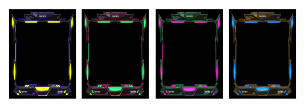 Hud frames set for tech game ui design. Vector realistic illustration of futuristic holographic screens, team or player data background, sci-fi dashboard, neon digital interactive panels, user display