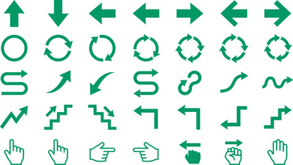 Fototapeta premium Arrows and hand gestures in green offer a comprehensive collection of navigation symbols for digital interfaces.