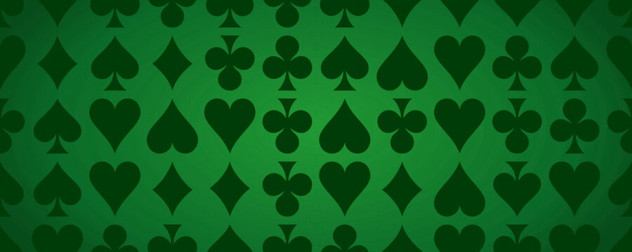 Casino poker suits seamless pattern, spades, hearts, clubs, diamonds texture on felt dark green background. Playing card symbols backdrop for gambling games, casino banners. Vector illustration.