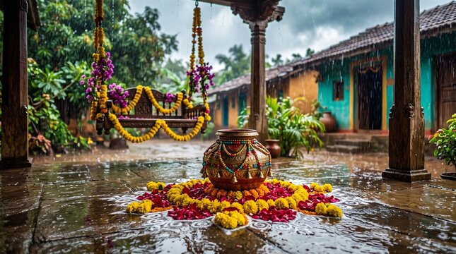 Traditional Indian village courtyard decorated for Teej festival with wooden swing and clay pot in monsoon rain