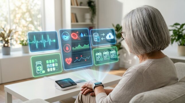 Senior woman monitoring personal health metrics with futuristic holographic interface at home, telemedicine, remote patient monitoring, heart rate