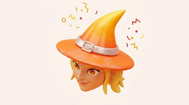 Cartoon Witch Face with Orange Hat and Confetti on White Background