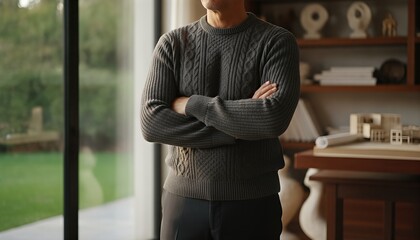 Fototapeta premium Middle aged man standing pensively by a large window in a modern study, arms crossed while looking over a tranquil garden landscape