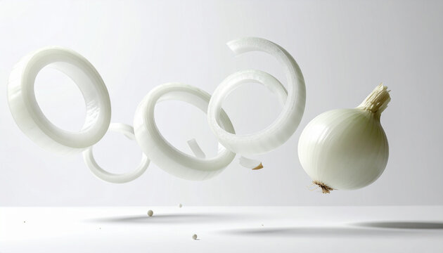 Hochwertige Studio-Produktfotografie von wei&szlig;en Zwiebelringen schwebend im Raum, monochrome softwei&szlig;e Farbpalette, einfarbiger matter wei&szlig;er Hintergrund, weiche Schatten