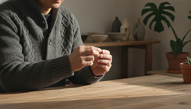 Middle aged man wearing a textured navy cardigan making a precise pinching gesture over a rustic wooden table in a serene, sunlit home studio