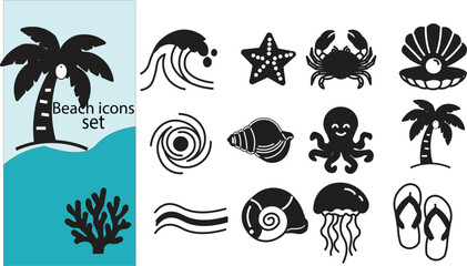 Obraz premium Beach and ocean icon set. Summer vacation vector outline symbols. Summer Beach Icons: Sun, Palm Tree, Sunglasses, Umbrella, Flip Flops, Sandcastle, Marine life and summer holiday design elements. 