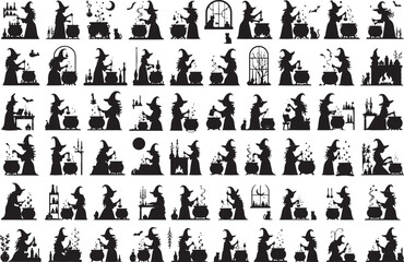 Obraz premium Halloween Witch Storytelling Silhouette Mega Collection – Black Magic, Potion Brewing, Wizard, Cat, Cauldron, Pumpkin, Seasonal Vector Clipart Bundle