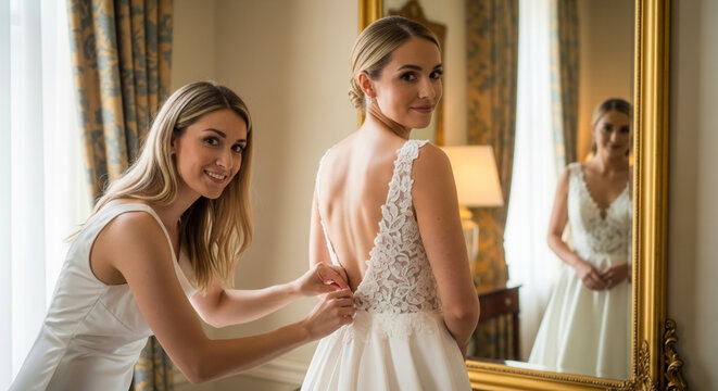 Smiling bridesmaid helping bride with wedding dress in elegant hotel suite, wedding day preparation and bridal celebration