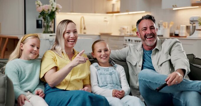 Parents, children and watching tv on couch with remote, family bonding and laugh for funny cartoon. Happy people, father and mother in house with girl kids, comedy show and tech for streaming movie.