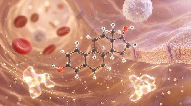 Ultra realistic macro cinematic medical visualization of an Estrogen hormone molecule floating inside the female human bloodstream scientifically inspired molecular structure surrounded by glowing blo