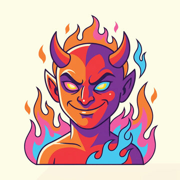 Smiling Cartoon Devil with Horns Flames.