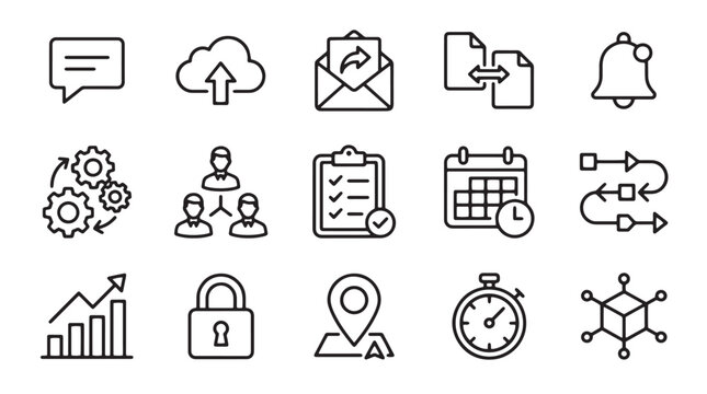 Business icons, workflow symbols, office signs, communication logos, 20 flat design elements