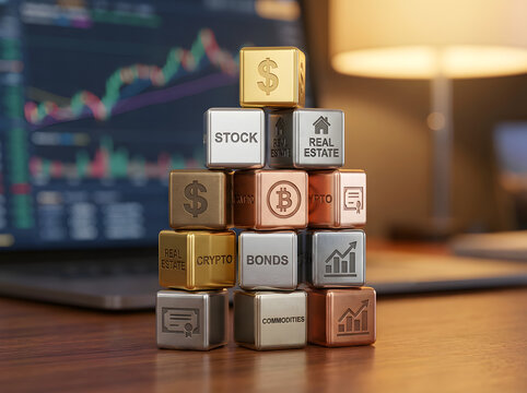 A stack of financial cubes with stock, real estate, cryptocurrency, bonds, and other investment icons on a wooden desk in front of a laptop with a graph display.