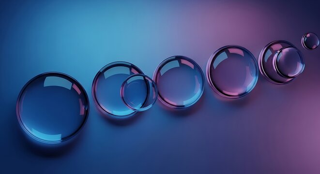 Transparent spheres of varying sizes cascade across a gradient of blue and pink lighting