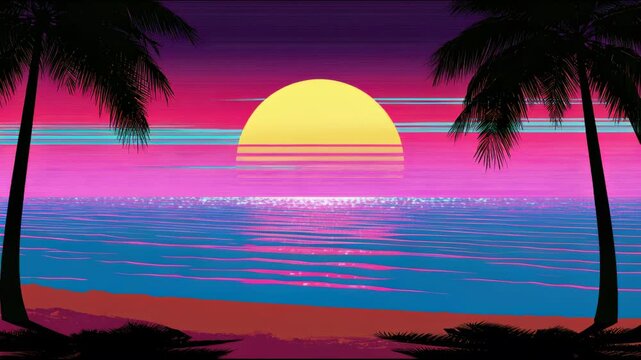 Retro synthwave sunset tropical beach aesthetic digital illustration