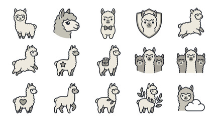 Obraz premium Charming alpaca character icons with decorative accessory elements.