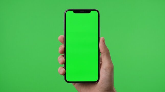 Hand holding smartphone set with green screen for VDO editer and modern frameless design in two rotated perspective positions - isolated and Clipping Path.
