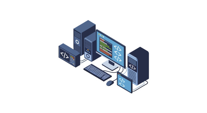 An isometric illustration of a modern computer workstation for software development