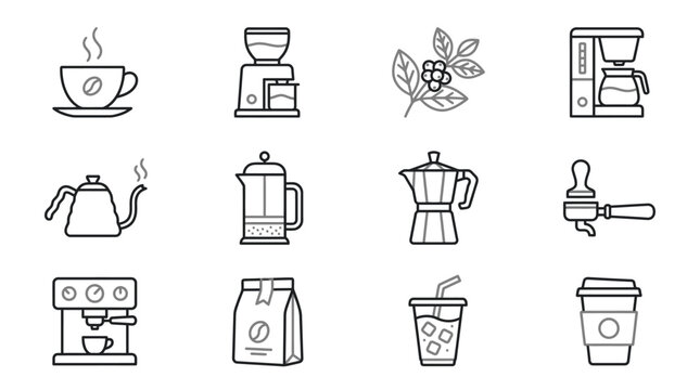 Coffee maker and barista tool line icons set.