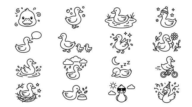 Cute duck cartoon line art icon collection.