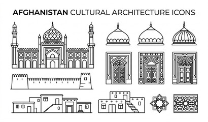 Afghanistan Cultural Architecture Monoline Vector Set with Mosques Historic Buildings and Tourism Landmarks © MST ROGINA