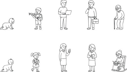 Obraz premium Minimalist line art vector illustration showing human aging process stages of life cycle from baby to senior citizens.