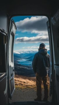 A traveler enjoys a panoramic view of mountains and a river from the back of a van, embodying the spirit of vanlife and exploration. The scene captures wanderlust, solitude, and connection with nature